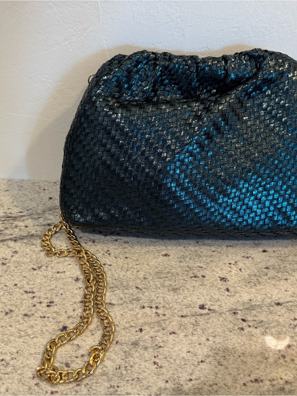 Anthropologie Green Metallic Woven Clutch with Chain Strap